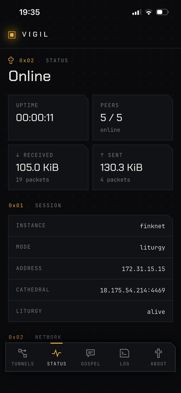 Vigil status screen showing uptime, peers and session details